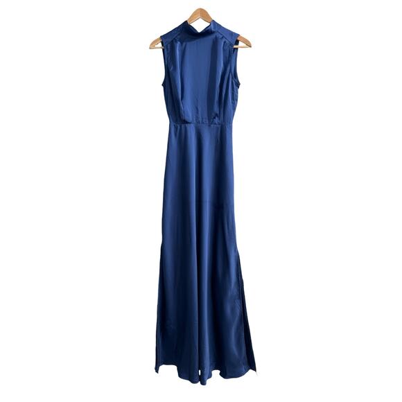 Lulu's Women's XS Classic Elegance Blue Satin Sleeveless Mock Neck Maxi Dress - Picture 5 of 11